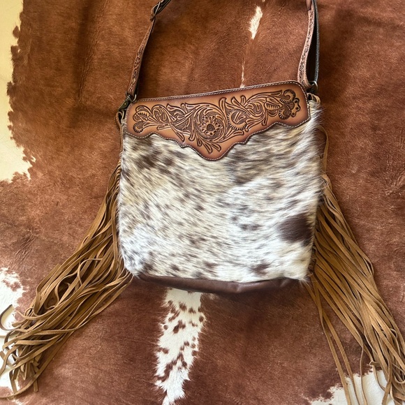Myra Brown and Tan Leather Fringe Bag - Picture 1 of 7